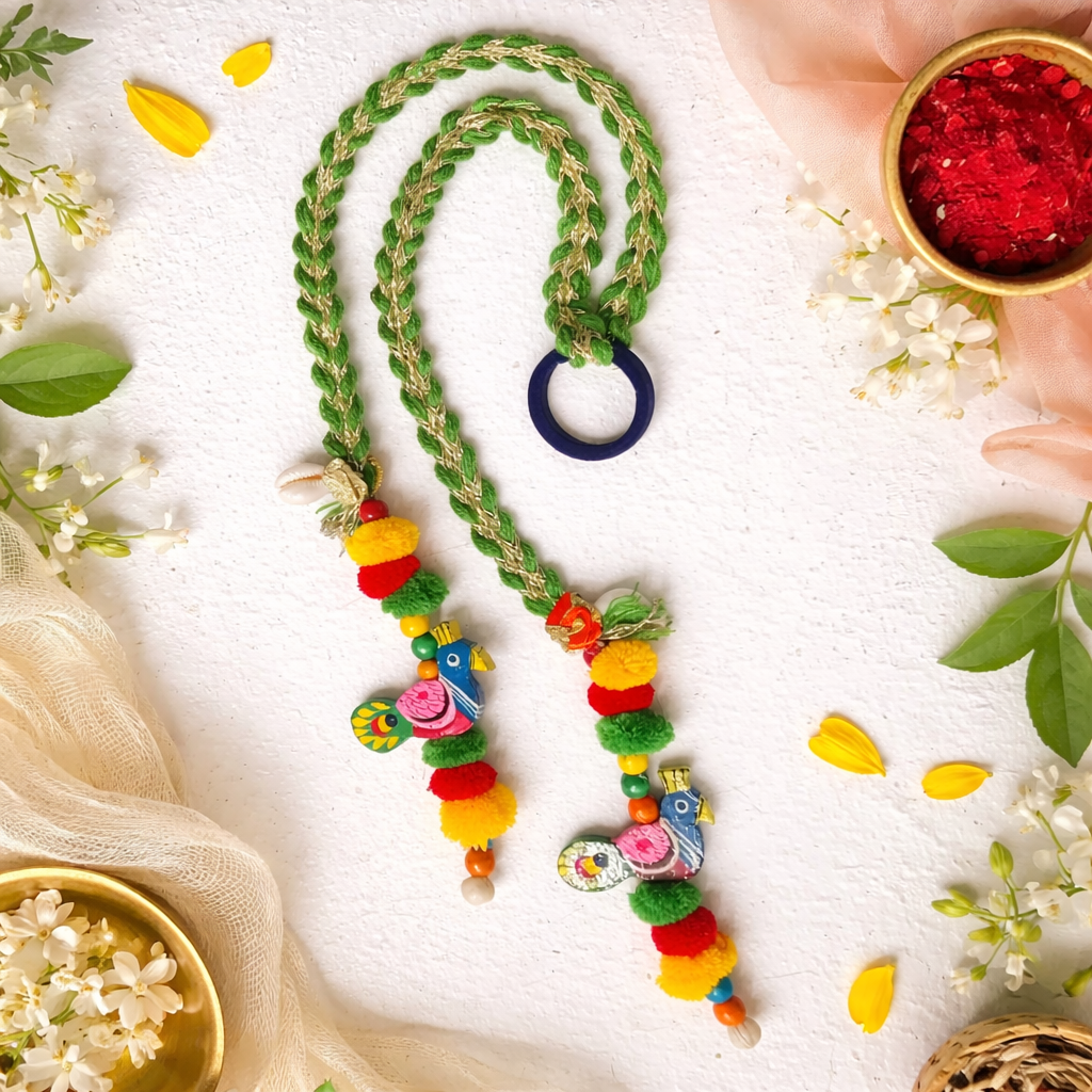Suwasna Green Boho Style Tassel Hair Tie with Wooden Peacock | Festival, Garba & Casual Hair Accessory Design