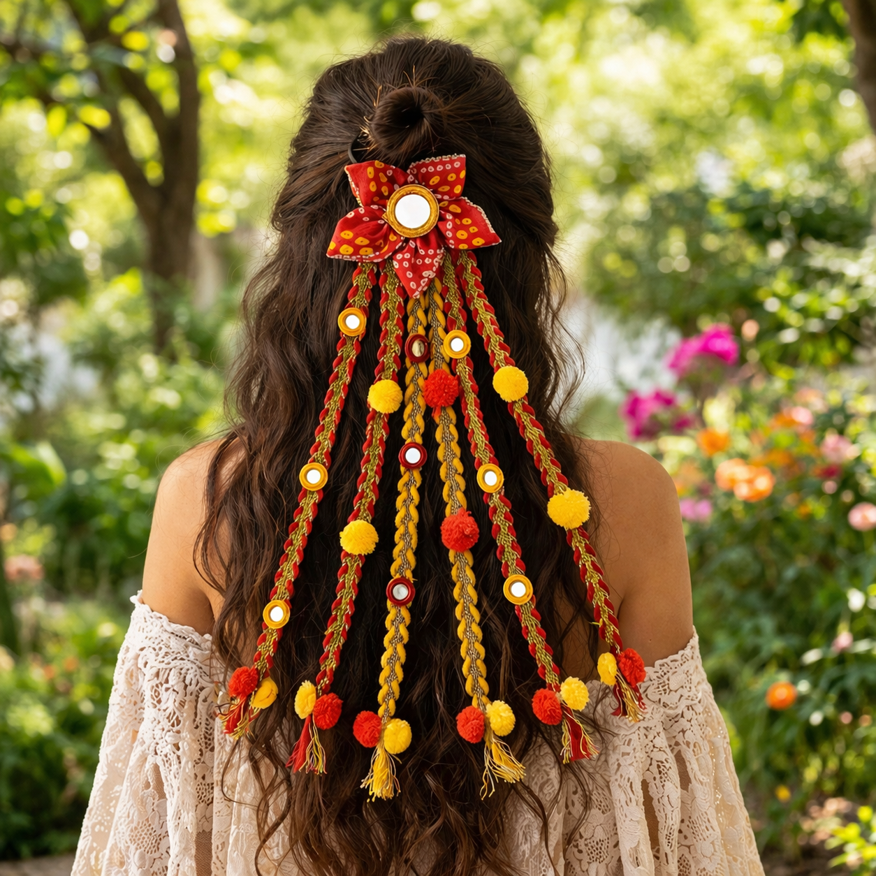 Suwasna Red & Yellow Boho Style Tassel Hair Tie with Real Glass Mirror and Pom Pom | Festival, Garba & Casual Hair Accessory Design