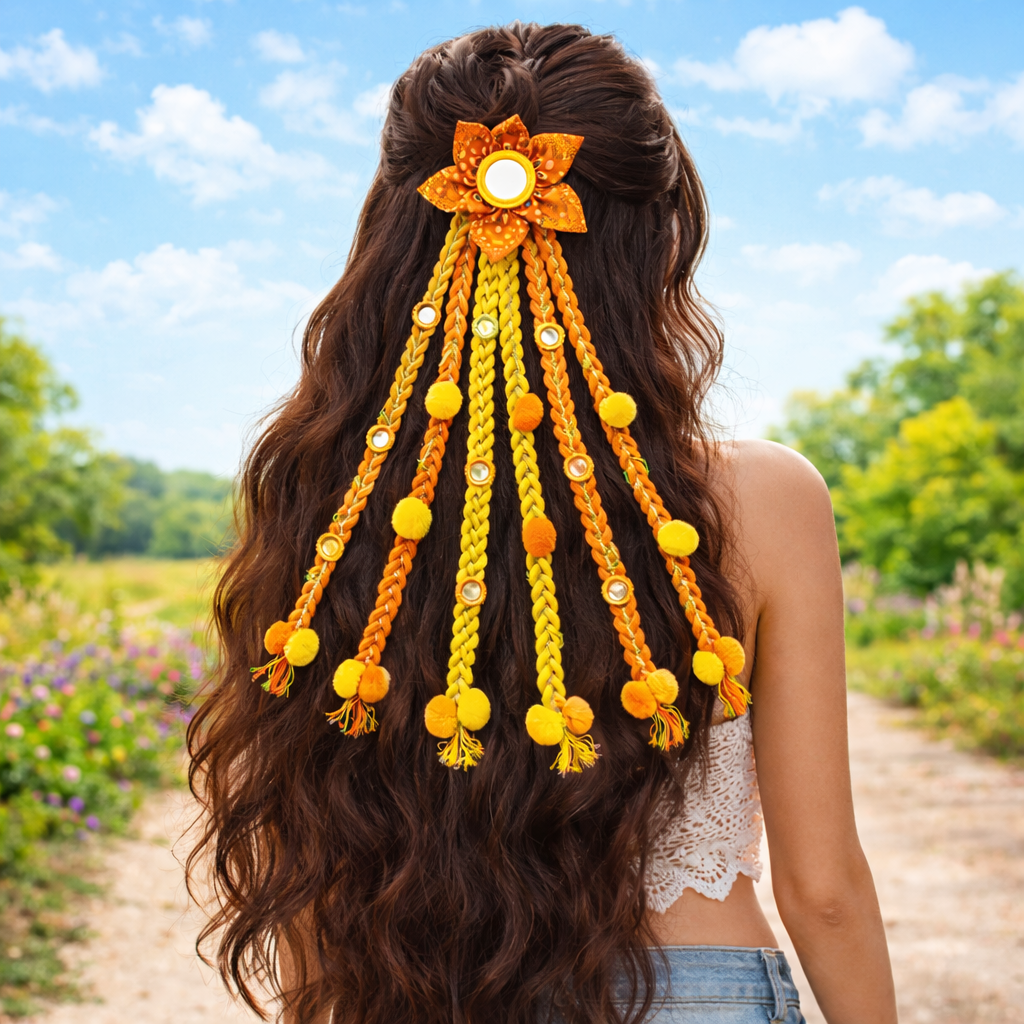 Suwasna Orange & Yellow Boho Style Tassel Hair Tie with Real Glass Mirror and Pom Pom | Festival, Garba & Casual Hair Accessory Design