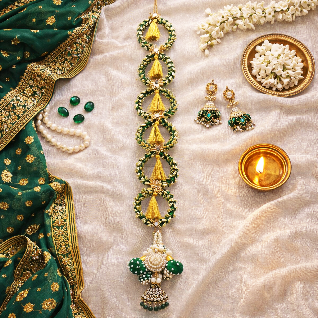 Suwasna Emerald Green & Golden Bridal Parandi with Tassel Detailing | Traditional Punjabi Hair Accessory B