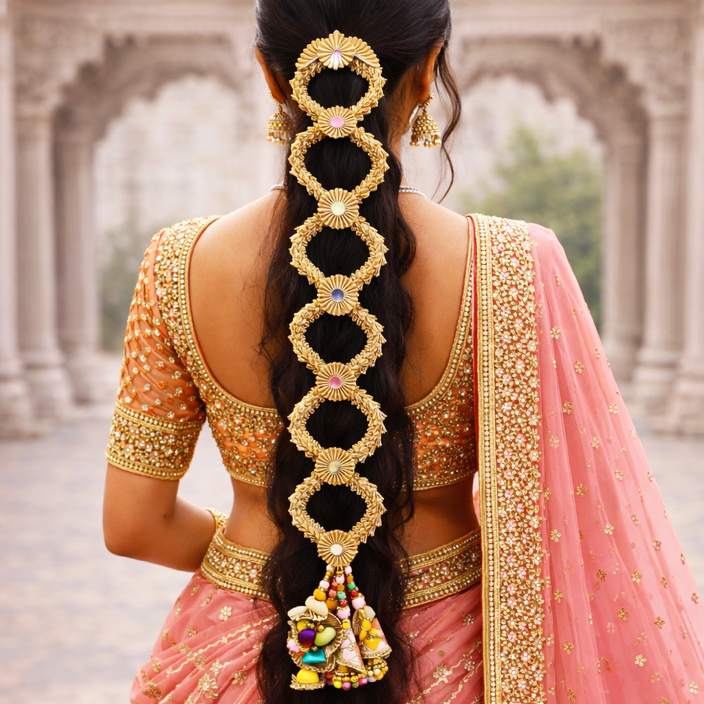 Suwasna Royal Golden Bridal Parandi with Multi-Color Tassels | Traditional Punjabi Hair Accessory A
