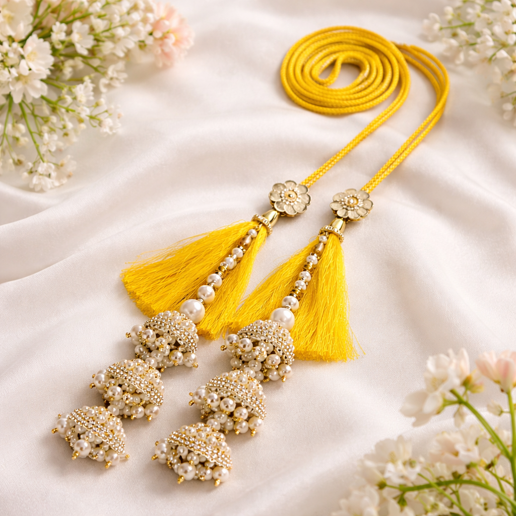 Suwasna Mustard Yellow Pearl Bridal Parandi with Jhumki Tassels | Traditional Punjabi Hair Accessory B
