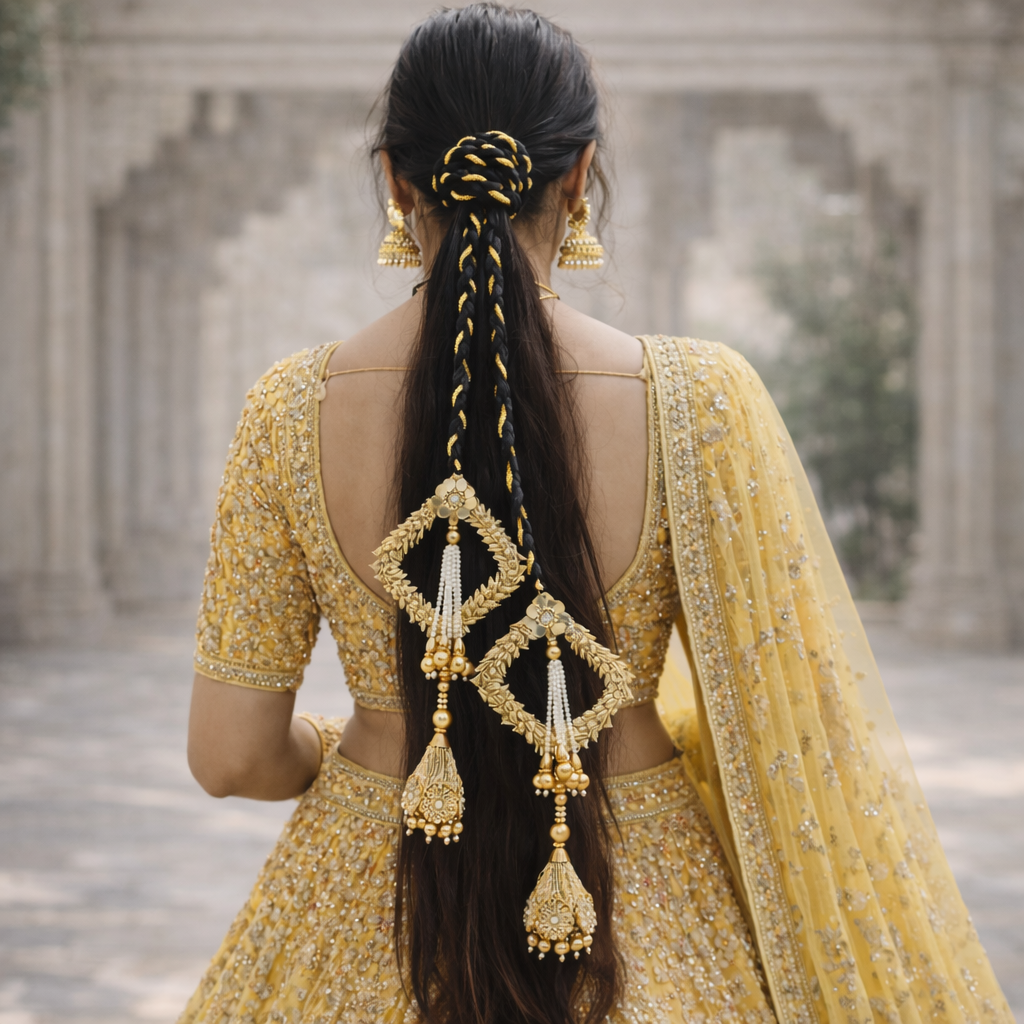 Suwasna Royal Golden Bridal Parandi with Kundan & Pearl Tassels | Traditional Punjabi Hair Accessory A