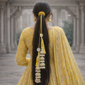 Suwasna Mustard Yellow Pearl Bridal Parandi with Jhumki Tassels | Traditional Punjabi Hair Accessory A