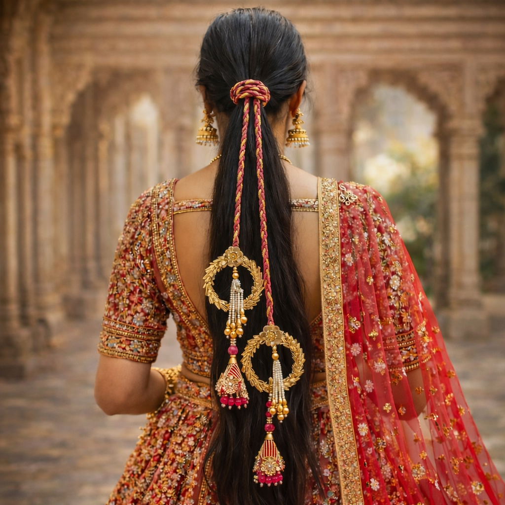 Suwasna Rani Pink & Gold Bridal Parandi with Pearl Tassels | Traditional Punjabi Hair Accessory A