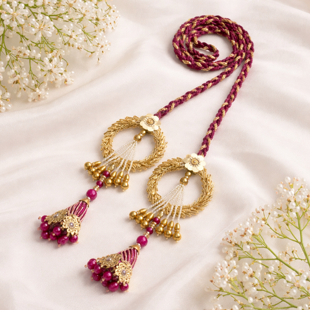 Suwasna Rani Pink & Gold Bridal Parandi with Pearl Tassels | Traditional Punjabi Hair Accessory B