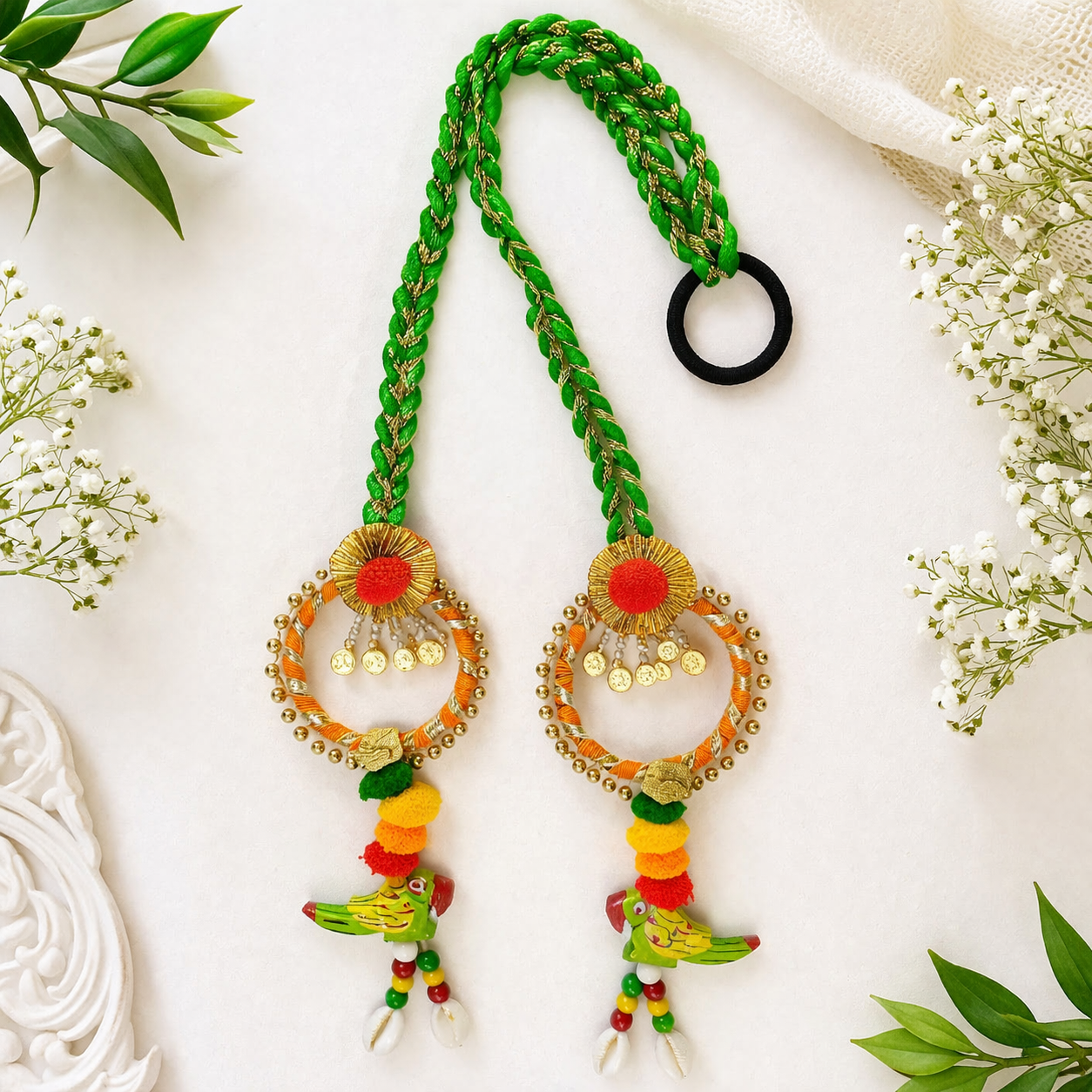 Suwasna Green Boho Style Tassel Hair Tie with Wooden Parrot | Festival, Garba & Casual Hair Accessory Design