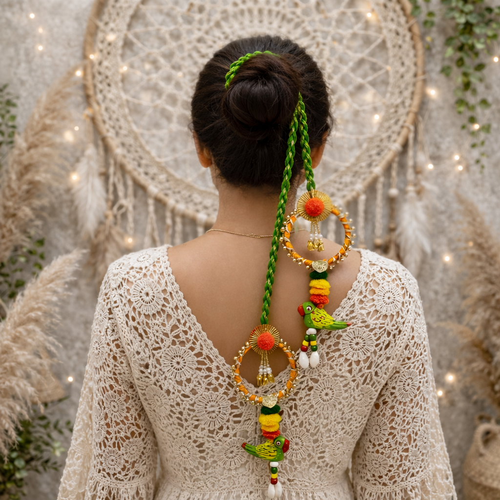 Suwasna Green Boho Style Tassel Hair Tie with Wooden Parrot | Festival, Garba & Casual Hair Accessory Design