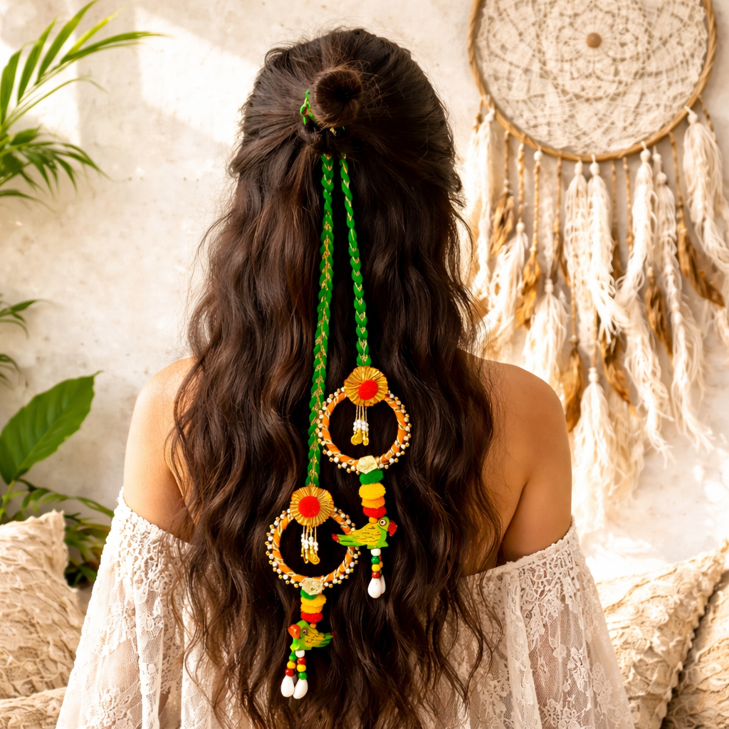 Suwasna Green Boho Style Tassel Hair Tie with Wooden Parrot | Festival, Garba & Casual Hair Accessory Design