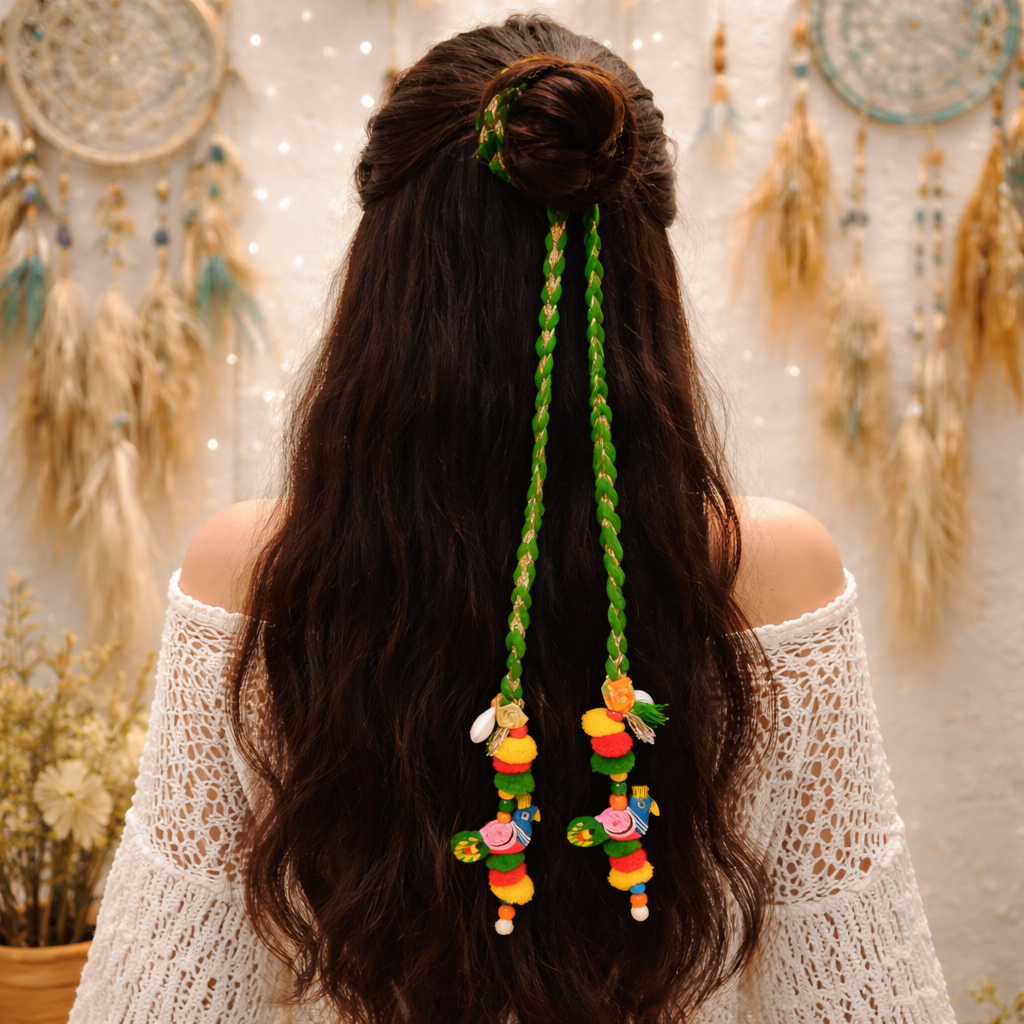 Suwasna Green Boho Style Tassel Hair Tie with Wooden Peacock | Festival, Garba & Casual Hair Accessory Design