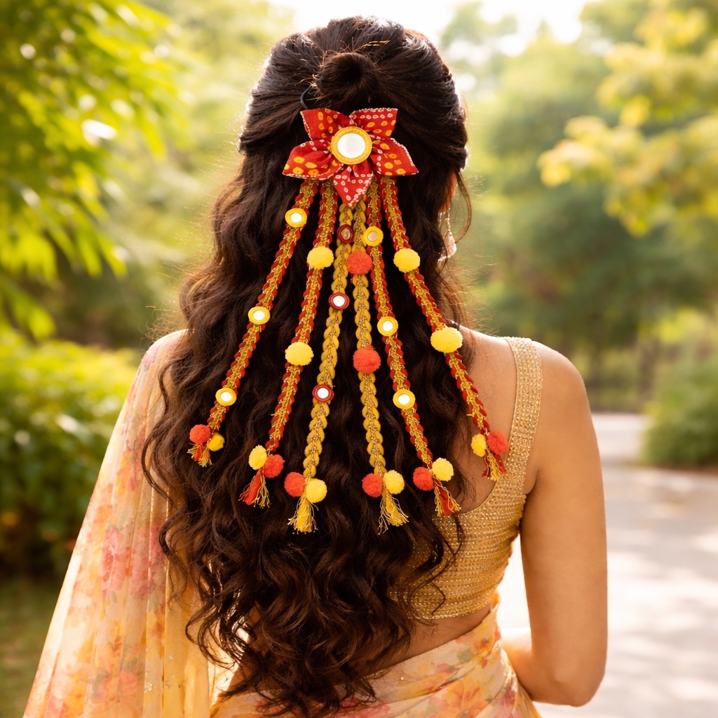 Suwasna Red & Yellow Boho Style Tassel Hair Tie with Real Glass Mirror and Pom Pom | Festival, Garba & Casual Hair Accessory Design