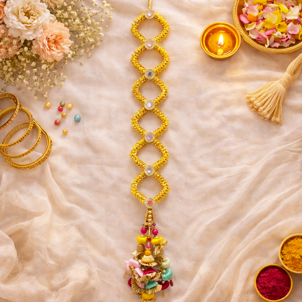Suwasna Royal Yellow Floral Bridal Parandi with Multicolor Tassel | Traditional Punjabi Hair Accessory B