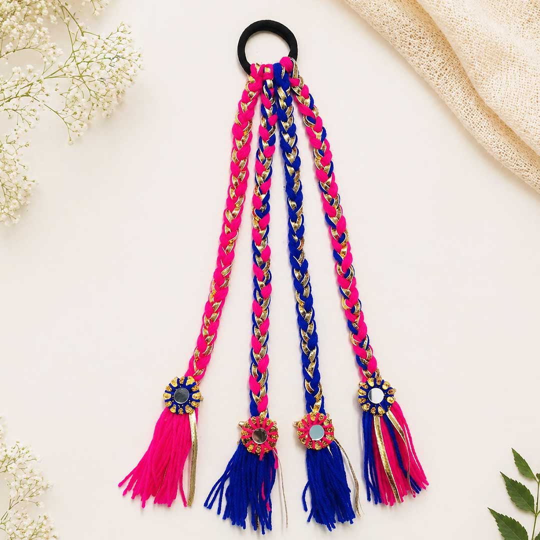 Suwasna Beach Style Blue & Pink Tassel Hair Tie with Braided Threads & Mirror Charms | Festival & Beach Hair Accessory for Women_3