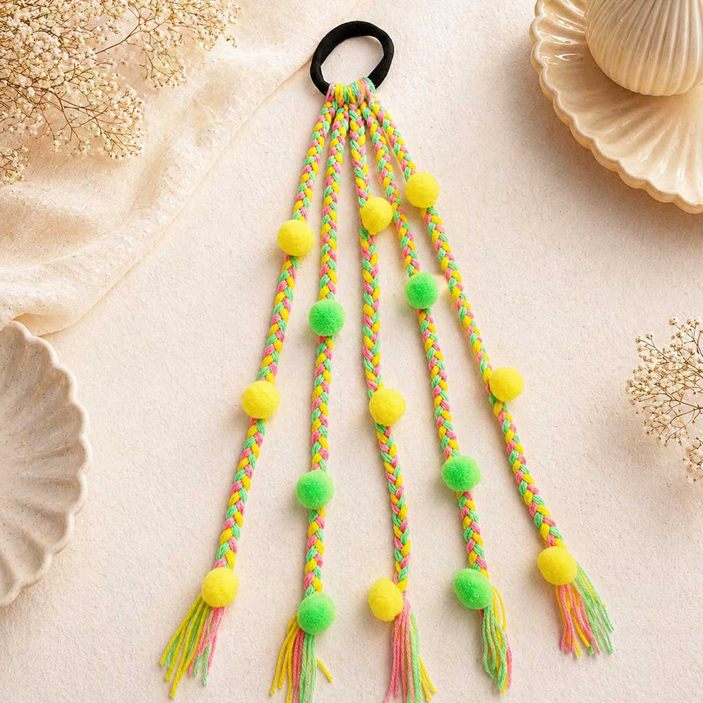 Suwasna Beach Style Neon Color Tassel Hair Tie with Braided Threads & Pompom | Festival & Beach Hair Accessory for Women_2