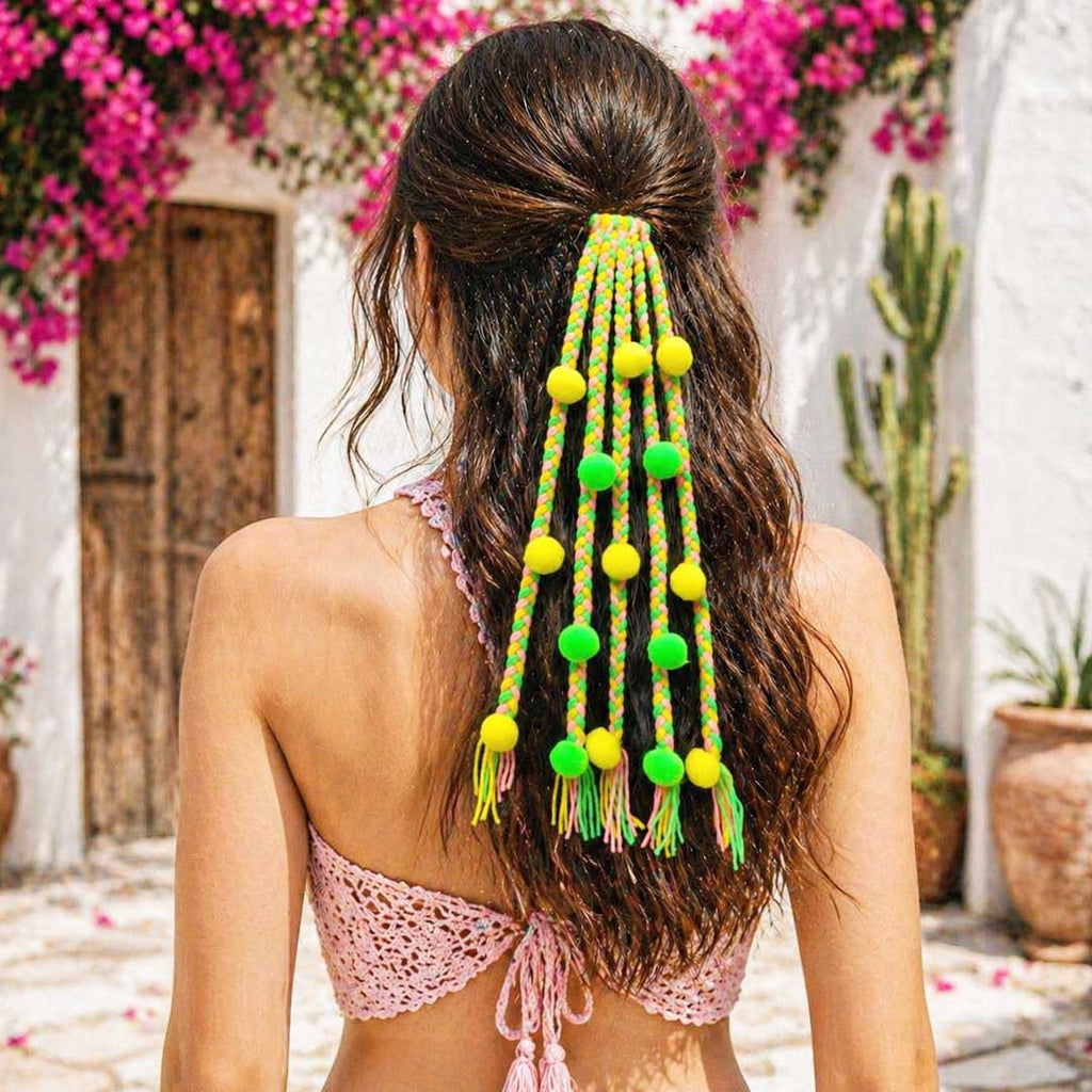 Suwasna Beach Style Neon Color Tassel Hair Tie with Braided Threads & Pompom | Festival & Beach Hair Accessory for Women_3