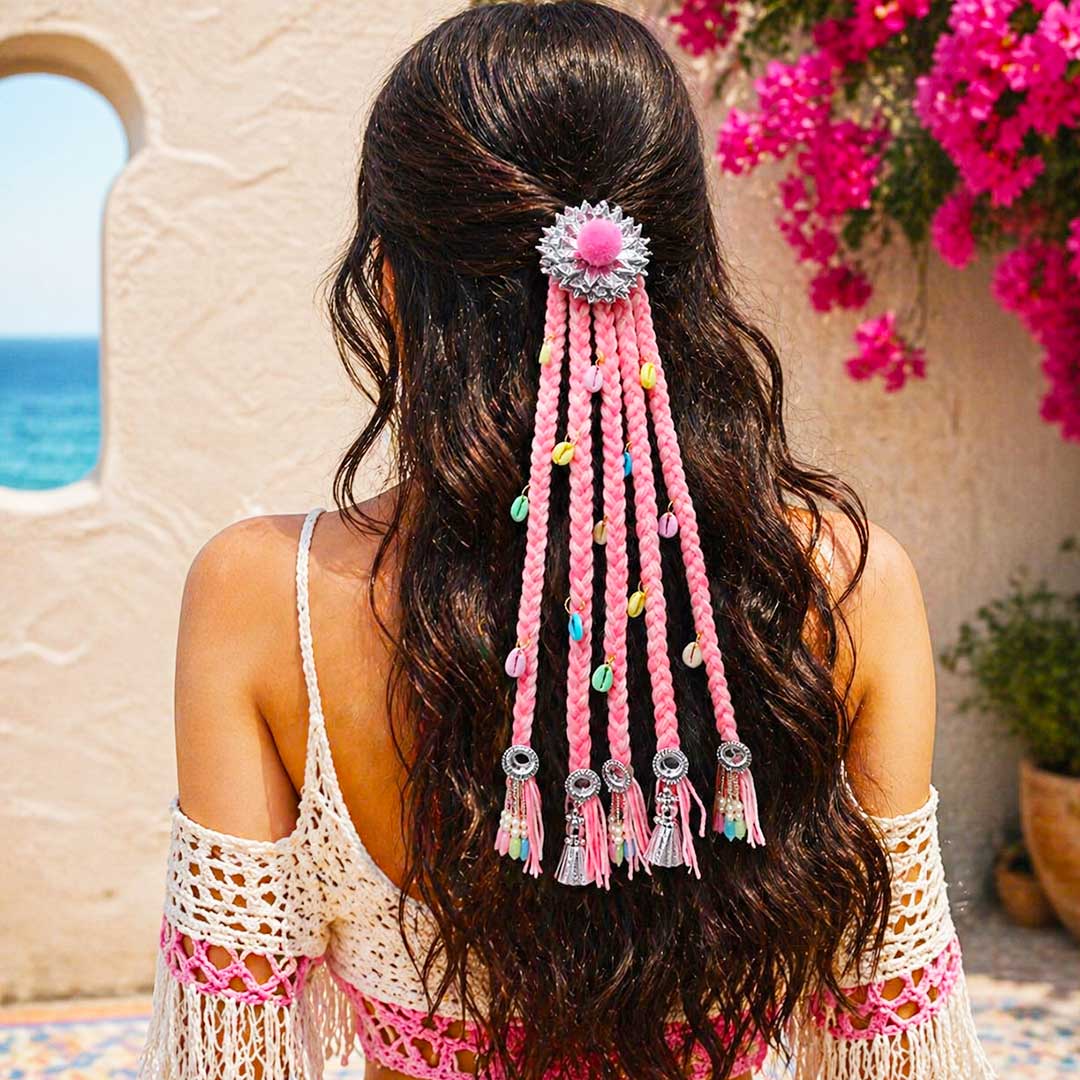 Suwasna Beach Style Pastel Pink Hair Tie with Braided Threads, Mirror & Shell Charms | Festival & Beach Hair Accessory for Women_1
