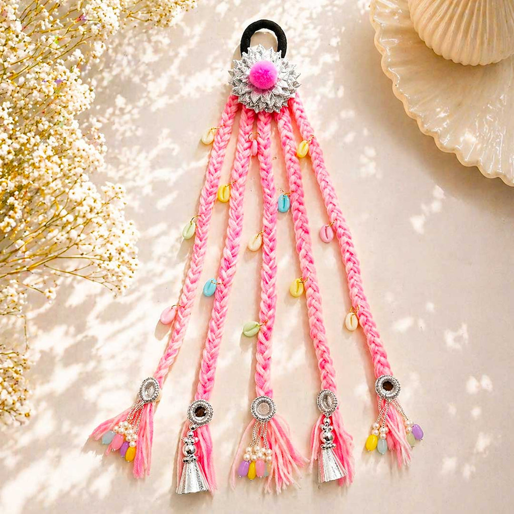 Suwasna Beach Style Pastel Pink Hair Tie with Braided Threads, Mirror & Shell Charms | Festival & Beach Hair Accessory for Women_2