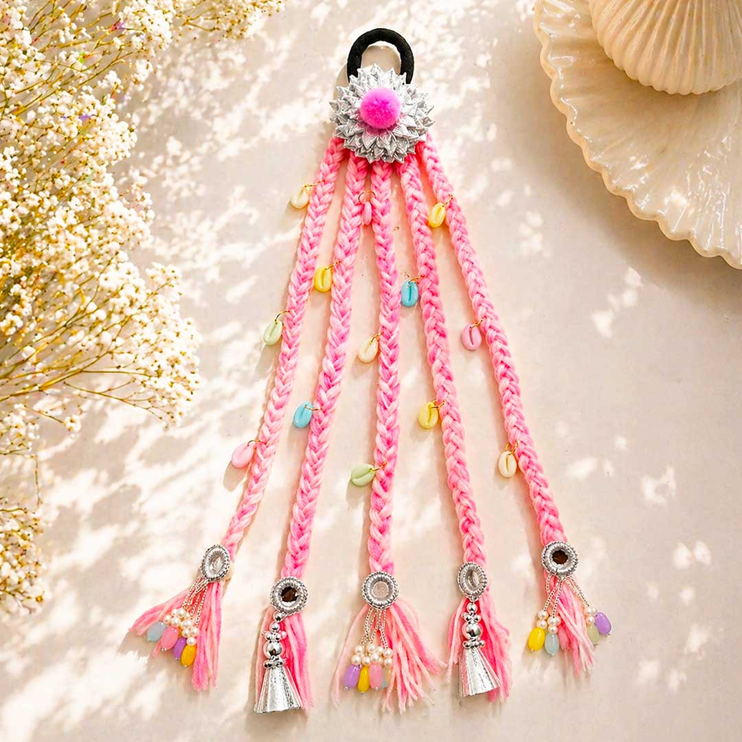 Suwasna Beach Style Pastel Pink Hair Tie with Braided Threads, Mirror & Shell Charms | Festival & Beach Hair Accessory for Women_2