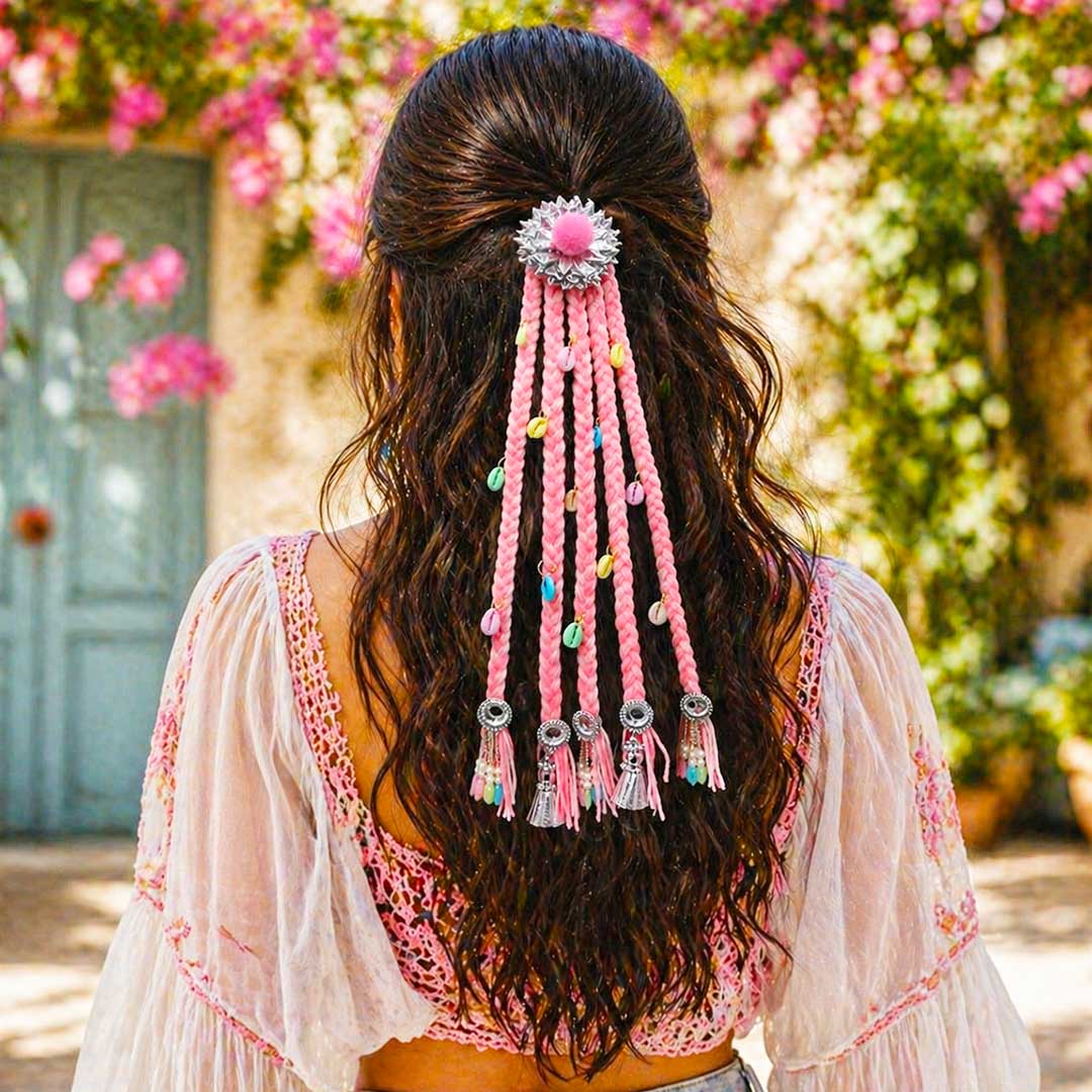Suwasna Beach Style Pastel Pink Hair Tie with Braided Threads, Mirror & Shell Charms | Festival & Beach Hair Accessory for Women_3