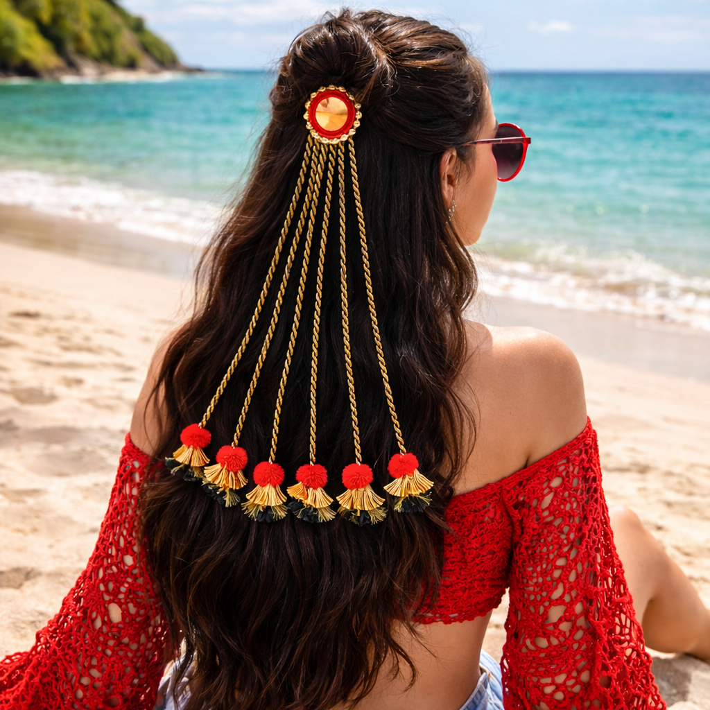 Suwasna Black and Golden Boho Style Tassel Hair Tie With Red Colour Pom Pom And Golden Gota Flowers | Festival, Garba & Casual Hair Accessory Design
