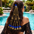 Suwasna Black and Golden Boho Style Tassel Hair Tie With Royal Blue Colour Pom Pom, Golden Beads And Charms | Festival, Garba & Casual Hair Accessory Design