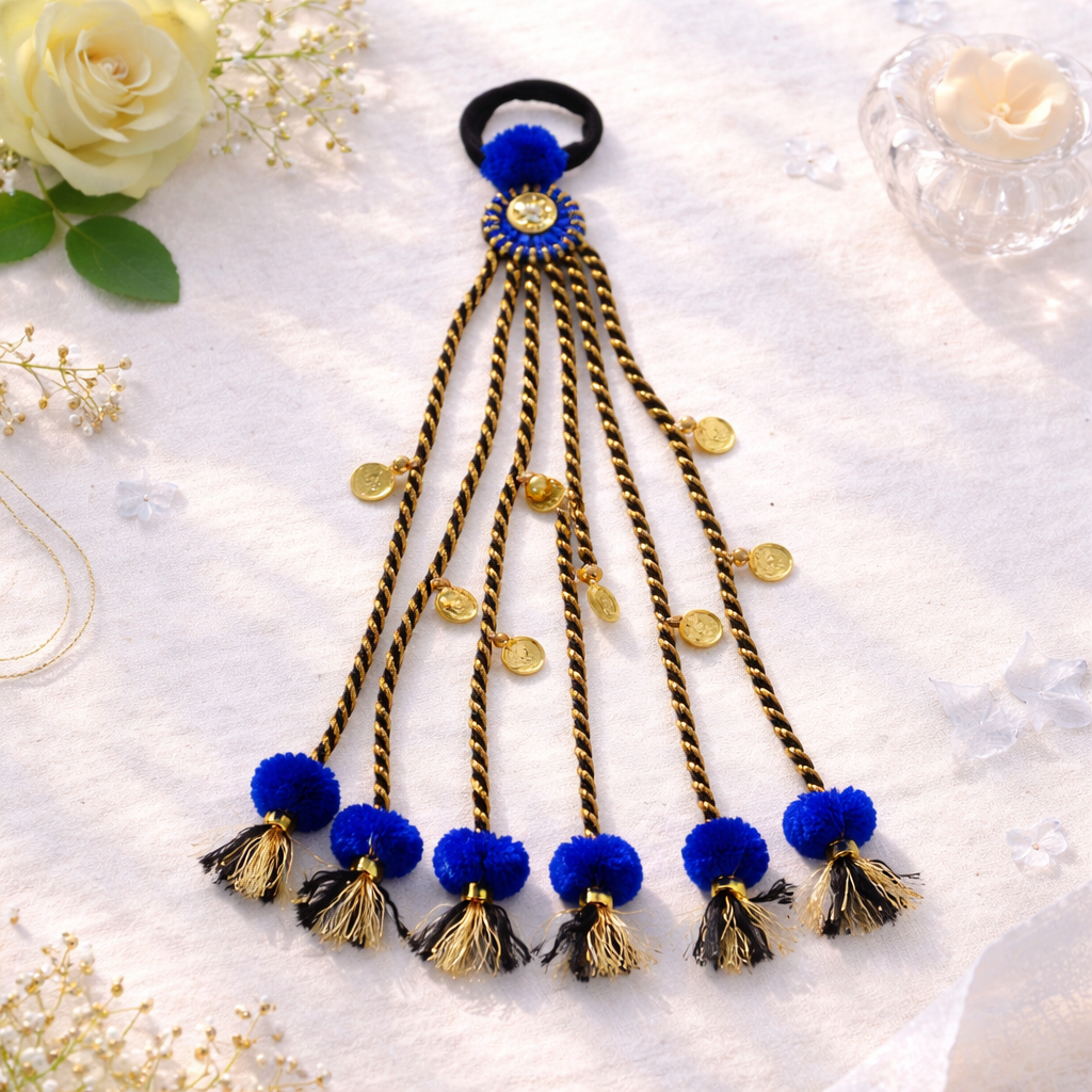 Suwasna Black and Golden Boho Style Tassel Hair Tie With Royal Blue Colour Pom Pom, Golden Beads And Charms | Festival, Garba & Casual Hair Accessory Design