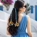 Suwasna Blue & Gold Braided Hair Tie with Beaded Tassels | Festive & Ethnic Hair Accessory for Women_1
