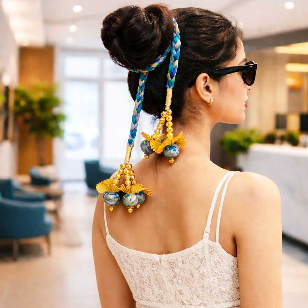 Suwasna Blue & Gold Braided Hair Tie with Beaded Tassels | Festive & Ethnic Hair Accessory for Women_2