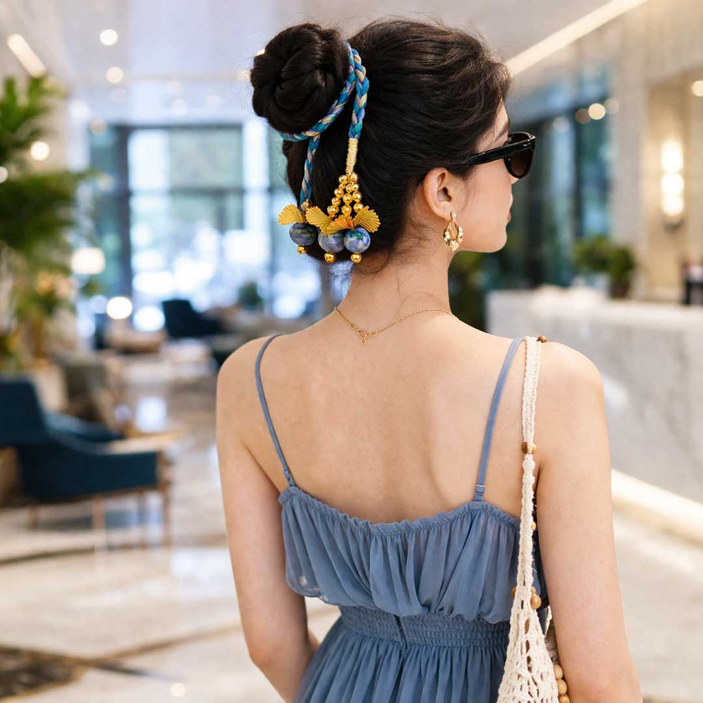 Suwasna Blue & Gold Braided Hair Tie with Beaded Tassels | Festive & Ethnic Hair Accessory for Women_3