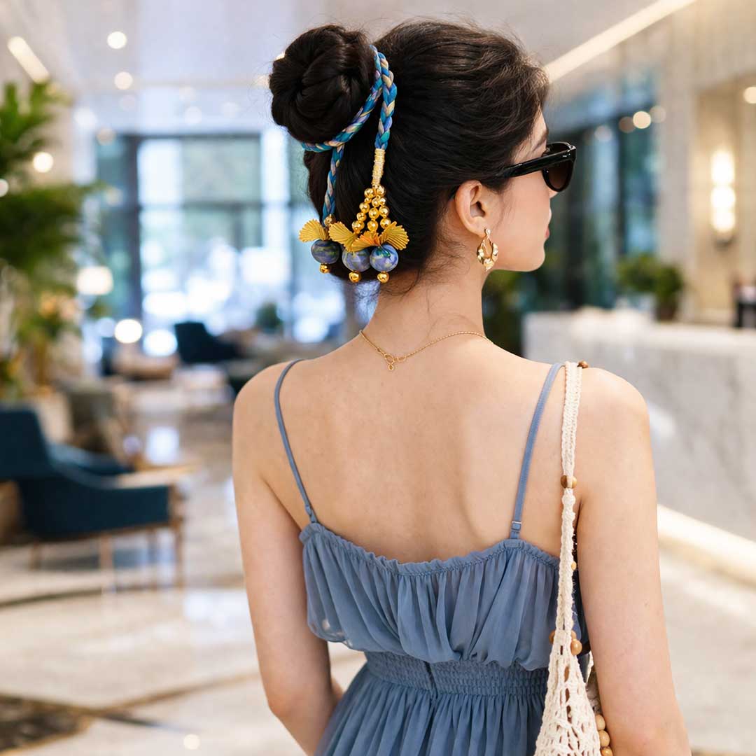 Suwasna Blue & Gold Braided Hair Tie with Beaded Tassels | Festive & Ethnic Hair Accessory for Women_3