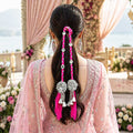 Suwasna Boho Rani Pink Hair Tie with Silver Flower, Mirror & Cone Charms | Festival & Beach Hair Accessory for Women_1