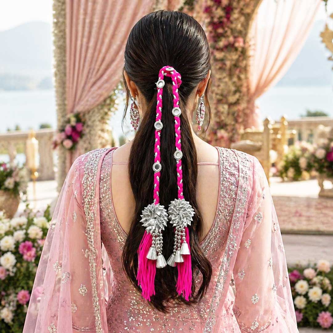 Suwasna Boho Rani Pink Hair Tie with Silver Flower, Mirror & Cone Charms | Festival & Beach Hair Accessory for Women_1