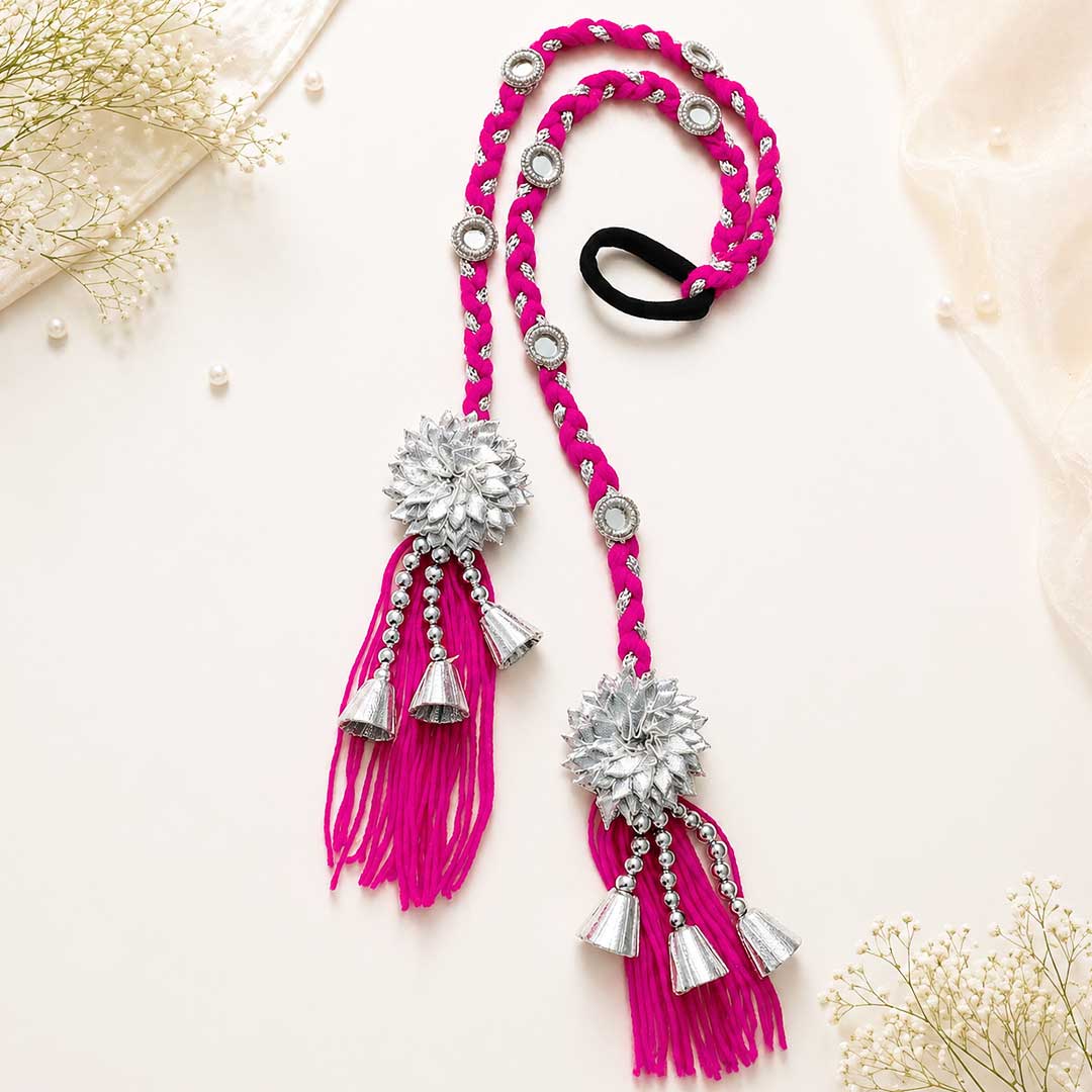 Suwasna Boho Rani Pink Hair Tie with Silver Flower, Mirror & Cone Charms | Festival & Beach Hair Accessory for Women_2