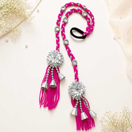 Suwasna Boho Rani Pink Hair Tie with Silver Flower, Mirror & Cone Charms | Festival & Beach Hair Accessory for Women_2