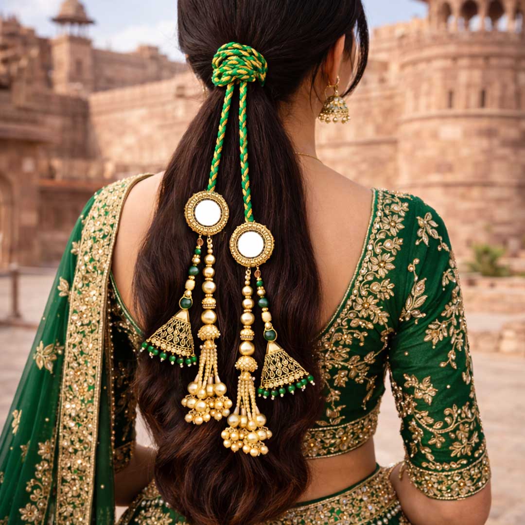 Suwasna Emerald Green & Gold Mirror Work Parandi with Jhumka Tassels | Bridal Hair Accessory_1
