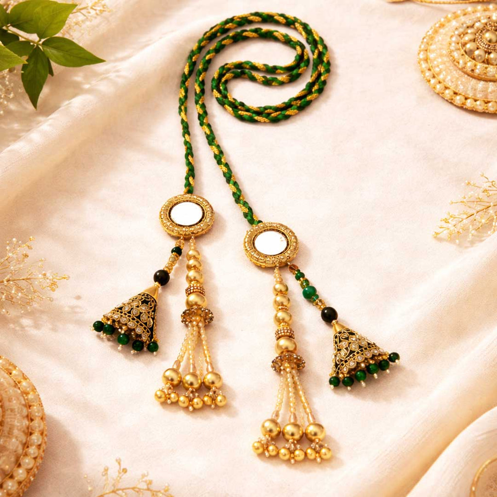 Suwasna Emerald Green & Gold Mirror Work Parandi with Jhumka Tassels | Bridal Hair Accessory_2