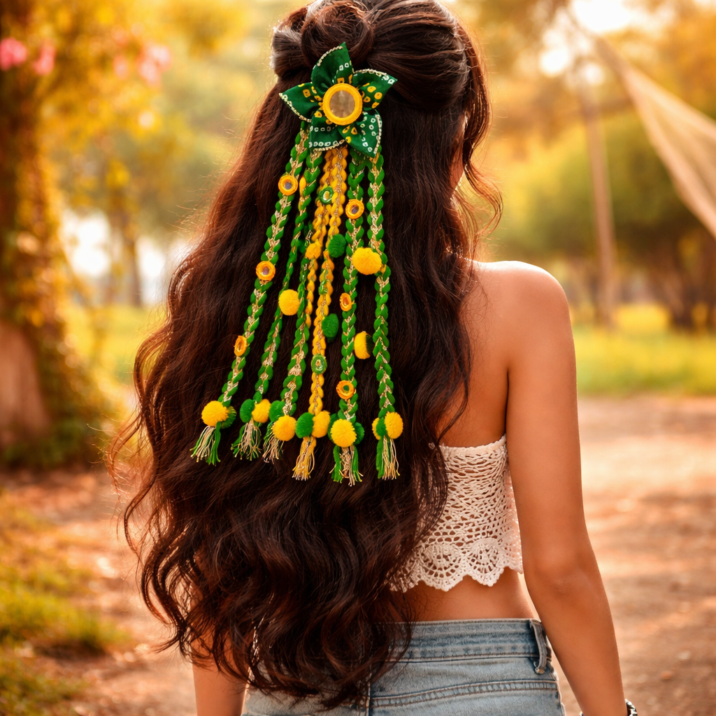 Suwasna Green & Yellow Boho Style Tassel Hair Tie with Real Glass Mirror and Pom Pom | Festival, Garba & Casual Hair Accessory Design