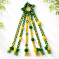 Suwasna Green & Yellow Boho Style Tassel Hair Tie with Real Glass Mirror and Pom Pom | Festival, Garba & Casual Hair Accessory Design A
