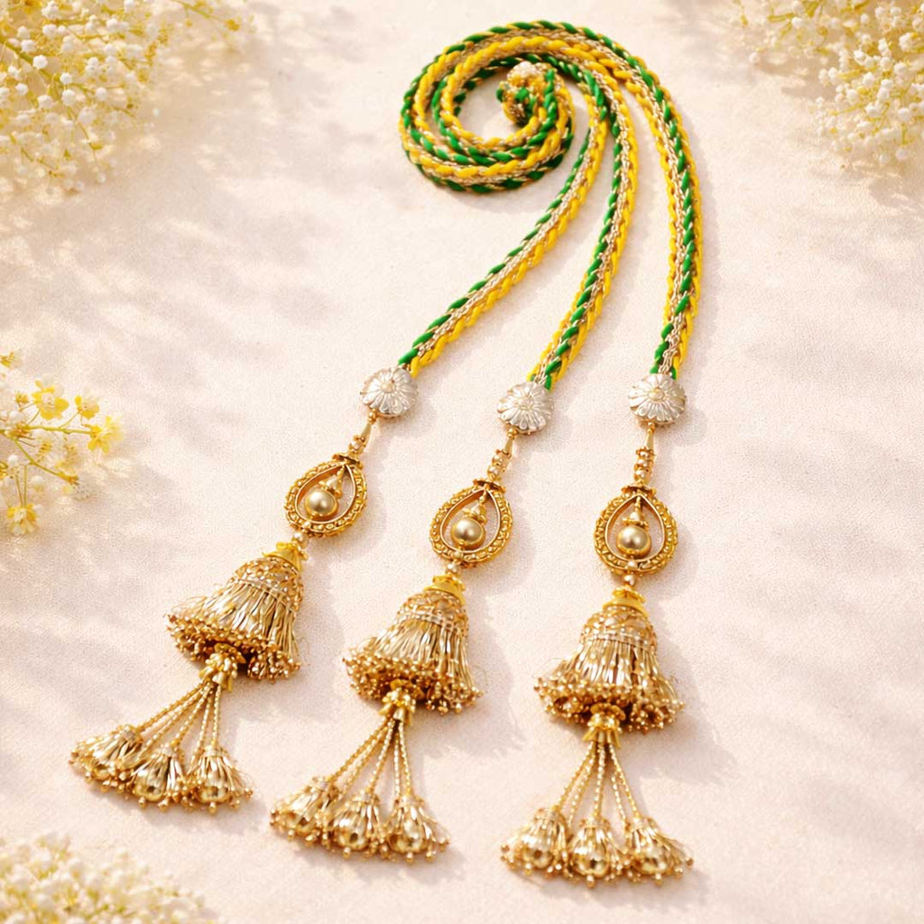 Suwasna Green & Yellow Braided Parandi with Floral Motif & Golden Jhumka Tassels | Bridal Hair Accessory_2