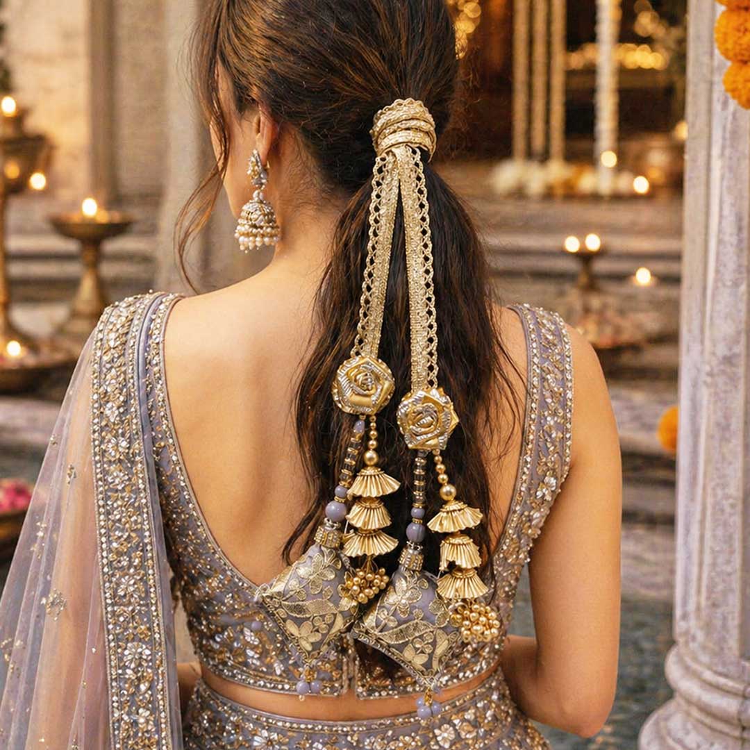 Suwasna Grey Royal Gota Patti Parandi with Jarkan Tassels | Bridal & Festive Hair Accessory_1