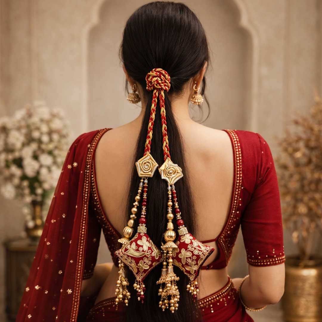 Suwasna Maroon Royal Gota Patti & Jarkan Tassel Parandi | Bridal & Festive Hair Accessory_1