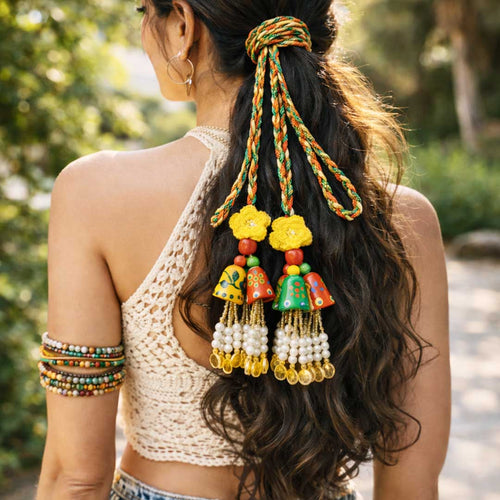Suwasna Multicolor Boho Hair Tie with Crochet Flower, Wooden Bells & Pearl Drops | Festive & Ethnic Hair Accessory for Women_1