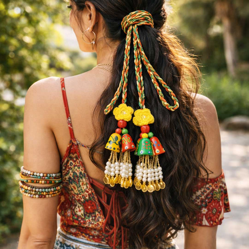 Suwasna Multicolor Boho Hair Tie with Crochet Flower, Wooden Bells & Pearl Drops | Festive & Ethnic Hair Accessory for Women_2