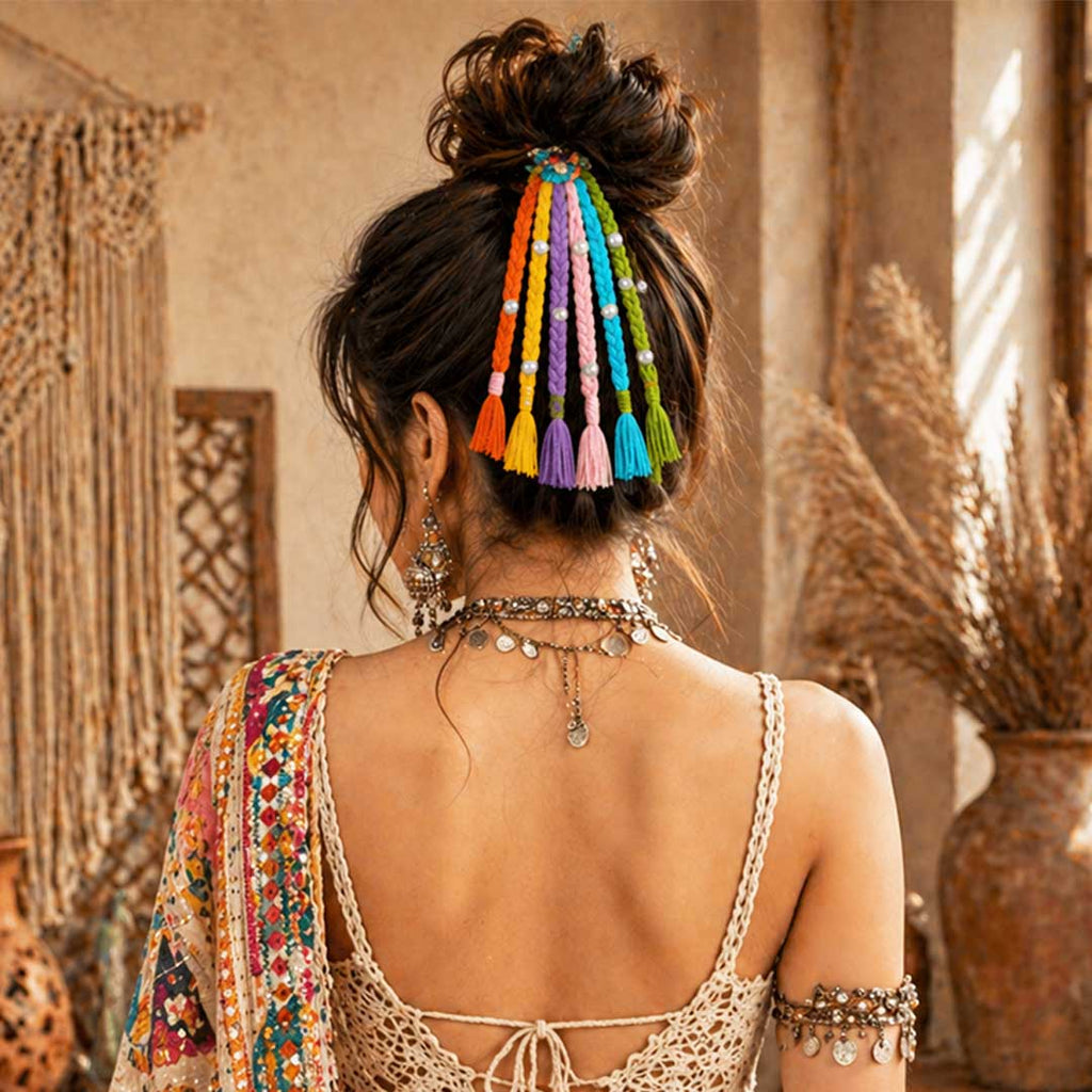 Suwasna Multicolor Boho Tassel Hair Tie with Braided Threads & Pearl Accents | Festival & Ethnic Hair Accessory for Women_1