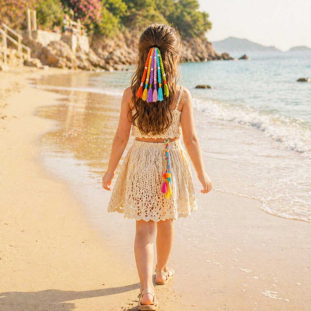 Suwasna Multicolor Boho Tassel Hair Tie with Braided Threads & Pearl Accents | Festival & Ethnic Hair Accessory for Women_2
