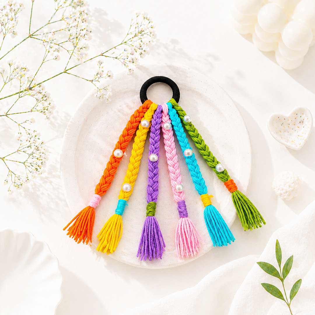 Suwasna Multicolor Boho Tassel Hair Tie with Braided Threads & Pearl Accents | Festival & Ethnic Hair Accessory for Women_3