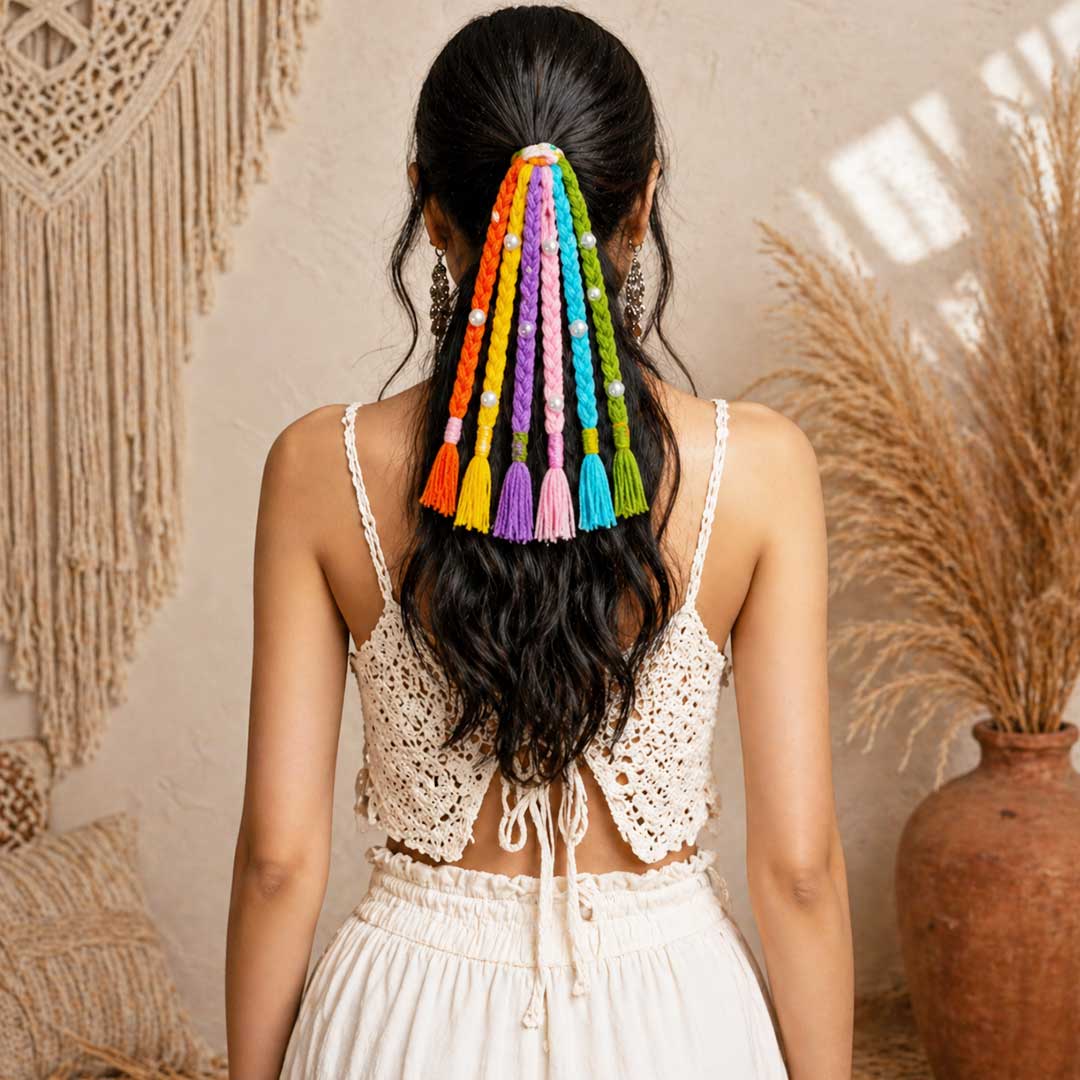 Suwasna Multicolor Boho Tassel Hair Tie with Braided Threads & Pearl Accents | Festival & Ethnic Hair Accessory for Women_4