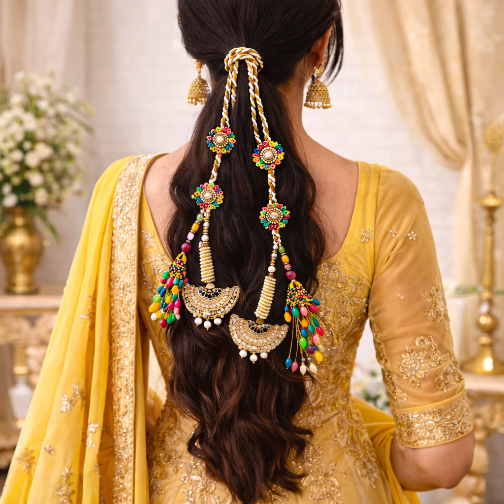 Suwasna Multicolor Parandi with Pearl & Mirror Tassels | Traditional Wedding Hair Accessory