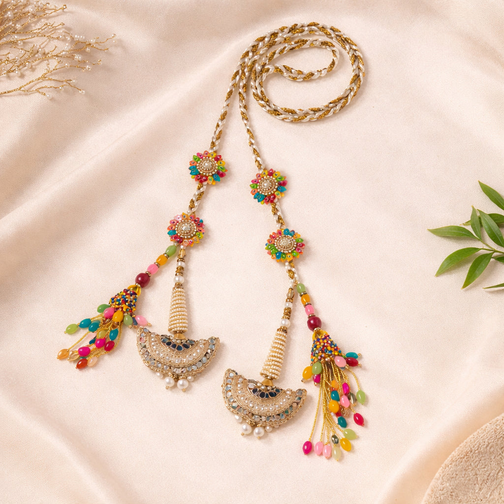 Suwasna Multicolor Parandi with Pearl & Mirror Tassels | Traditional Wedding Hair Accessory