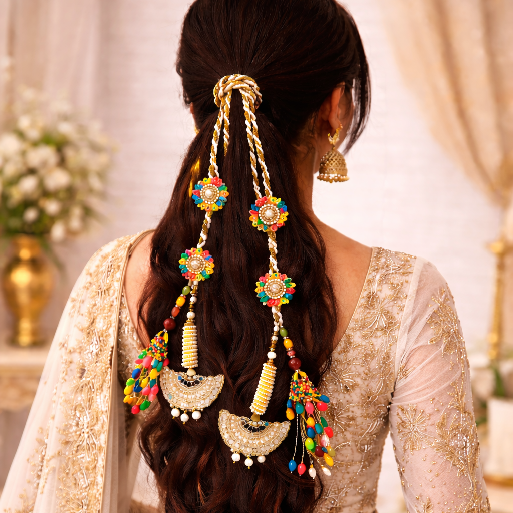 Suwasna Multicolor Parandi with Pearl & Mirror Tassels | Traditional Wedding Hair Accessory